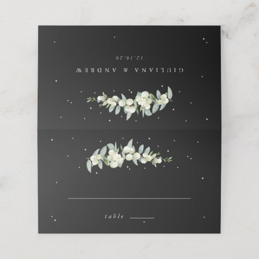 Zwarte sneeuwbes + eucalyptus bruiloft plaatskaartje (Buitenkant ongevouwen)
