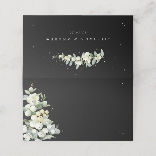 Zwarte sneeuwbes + eucalyptus bruiloft plaatskaartje (Buitenkant ongevouwen)