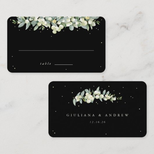 Zwarte sneeuwbes + eucalyptus bruiloft plat plaatskaartje (Voorkant / Achterkant)