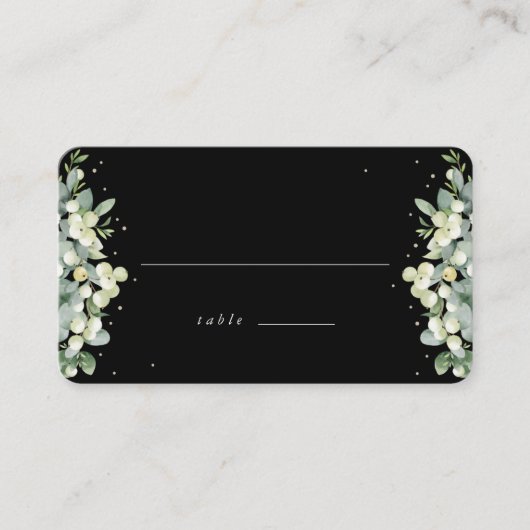 Zwarte sneeuwbes + eucalyptus bruiloft plat plaatskaartje (Voorkant)