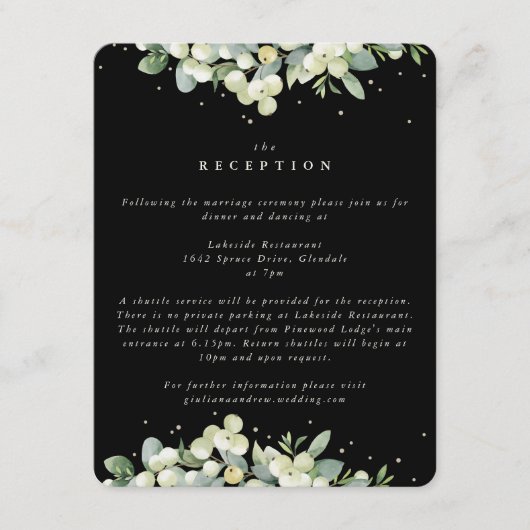 Zwarte sneeuwbes + eucalyptus rand bruiloft recept informatiekaartje (Voorkant)