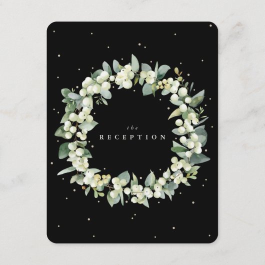 Zwarte sneeuwbes + eucalyptus stam bruiloft recept informatiekaartje (Achterkant)