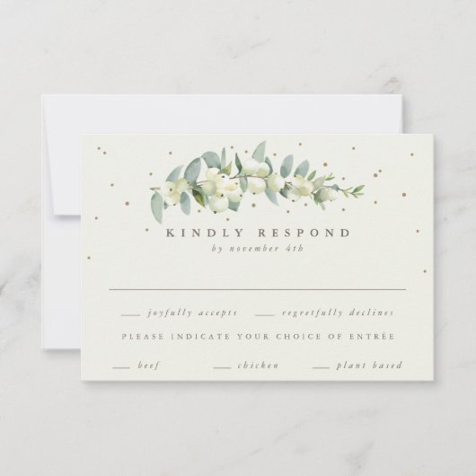 Zwarte sneeuwbes + eucalyptus stengel bruiloft RSVP kaartje (Voorkant)