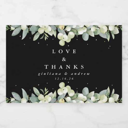 Zwarte sneeuwbes + eucalyptus winter bruiloft guns voedselcontainer etiket (Enkel label)