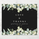 Zwarte sneeuwbes + eucalyptus winter bruiloft likeurfles etiket (Enkel label)