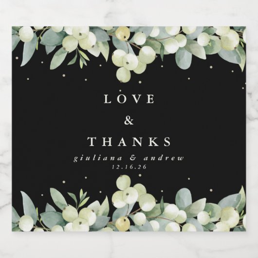 Zwarte sneeuwbes + eucalyptus winter bruiloft likeurfles etiket (Enkel label)