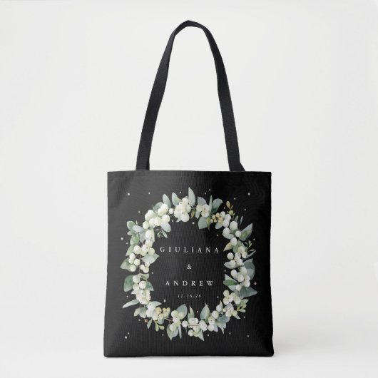 Zwarte sneeuwbes + eucalyptus winter bruiloft tote bag (Voorkant)