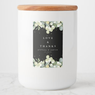 Zwarte sneeuwbes + eucalyptus winter bruiloft voedselcontainer etiket