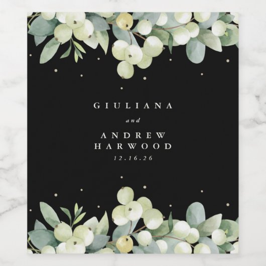 Zwarte sneeuwbes + eucalyptus winter bruiloft wijn etiket (Enkel label)