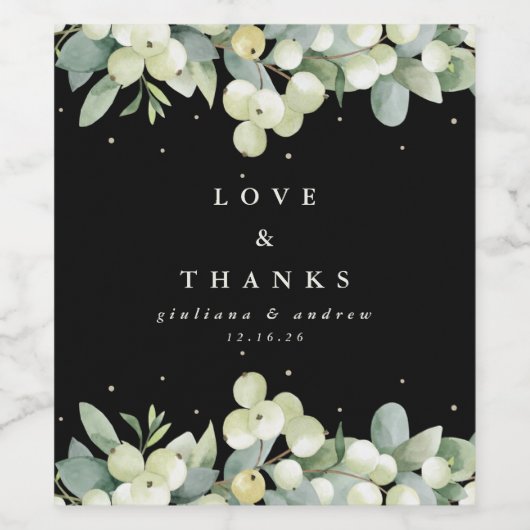 Zwarte sneeuwbes + eucalyptus winter bruiloft wijn etiket (Enkel label)