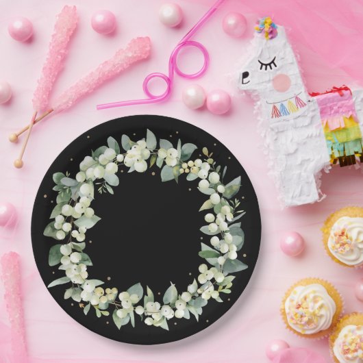 Zwarte Sneeuwbes Kerstkrans Feestelijke Partij Papieren Bordje (Feest)