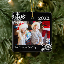 Zwarte Sneeuwvlok Familie Foto Kerstmis Keramisch Ornament