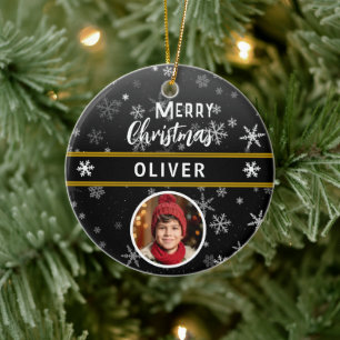 Zwarte Sneeuwvlokken Custom Name Vrolijke Kerstfot Keramisch Ornament