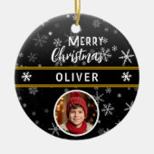 Zwarte Sneeuwvlokken Custom Name Vrolijke Kerstfot Keramisch Ornament (Voorkant)