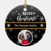 Zwarte Sneeuwvlokken Vrolijk Kerstfeest Familiefot Keramisch Ornament (Voorkant)