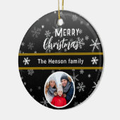 Zwarte Sneeuwvlokken Vrolijk Kerstfeest Familiefot Keramisch Ornament (Links)