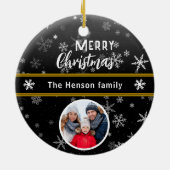 Zwarte Sneeuwvlokken Vrolijk Kerstfeest Familiefot Keramisch Ornament (Achterkant)
