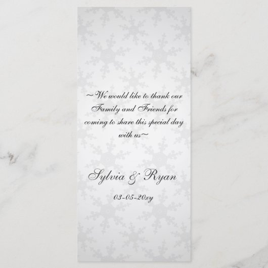 Zwarte sneeuwvlokken winterbruiloft menu (Achterkant)