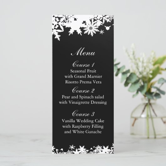 Zwarte sneeuwvlokken winterbruiloft menu (Staand voorkant)