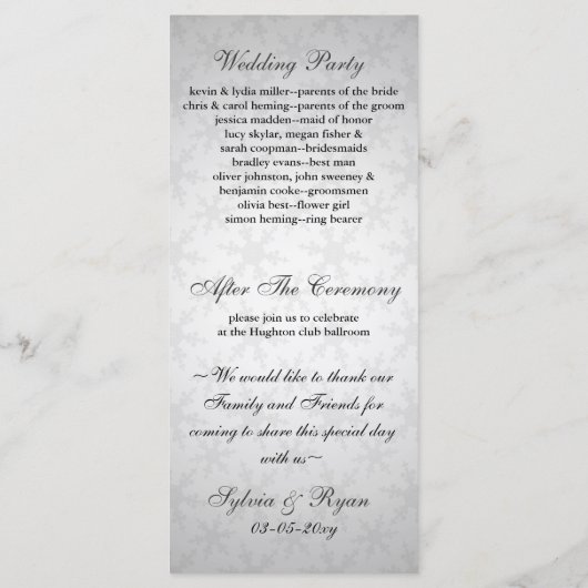 Zwarte sneeuwvlokken winterbruiloft programmakaart (Achterkant)