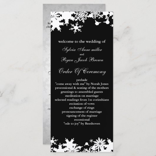 Zwarte sneeuwvlokken winterbruiloft programmakaart (Voorkant / Achterkant)