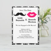 Zwarte snor en roze lippen paar Save the Date Kaart (Staand voorkant)