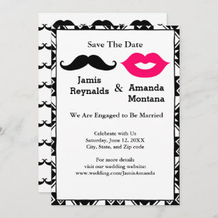 Zwarte snor en roze lippen paar Save the Date Kaart