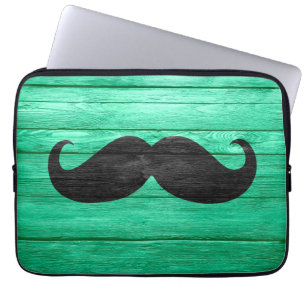 Zwarte Snor op Cyaan Houten Laptop Sleeve