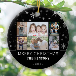 Zwarte Snowflake kerstfamilie 6 Foto-collage Keramisch Ornament