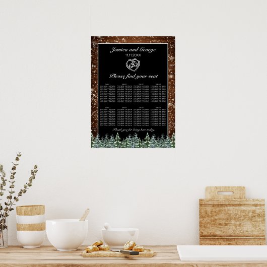 Zwarte Snowy Wood & Forest Wedding Seating Chart Poster (Keuken)