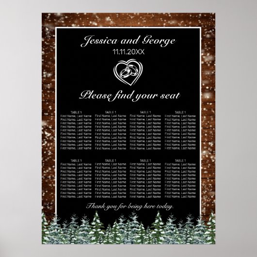 Zwarte Snowy Wood & Forest Wedding Seating Chart Poster (Voorkant)