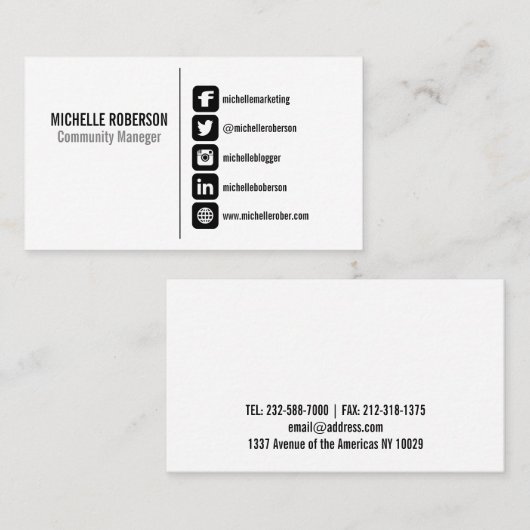 Zwarte sociale mediasymbolen op witte achtergrond visitekaartje (Voorkant / Achterkant)