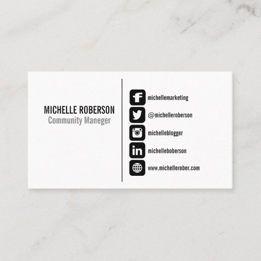 Zwarte sociale mediasymbolen op witte achtergrond visitekaartje (Voorkant)