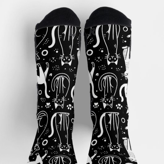 Zwarte Sokken met White Cat Pattern Chic (Top)