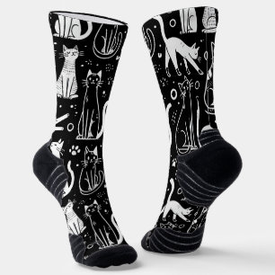 Zwarte Sokken met White Cat Pattern Chic