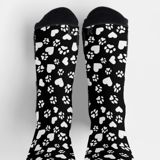 Zwarte Sokken met White Paw Prints & Heart Pattern (Top)