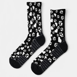 Zwarte Sokken met White Paw Prints & Heart Pattern