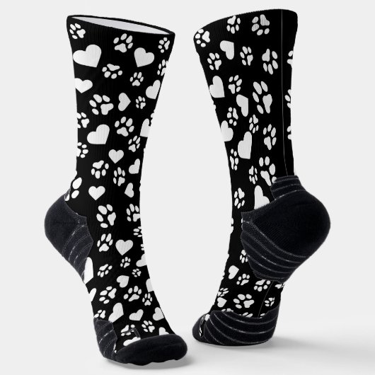 Zwarte Sokken met White Paw Prints & Heart Pattern (Gebogen)