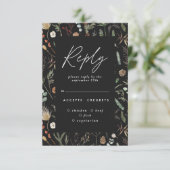 Zwarte sombere bloemige botanische elegante trouwr kaart (Staand voorkant)