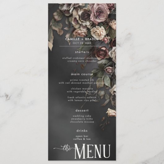 Zwarte sombere gotische bloemen & nevelige trouwda menu (Voorkant)