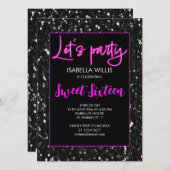 Zwarte sparkles Sweet 16 neonroze partij Kaart (Voorkant / Achterkant)