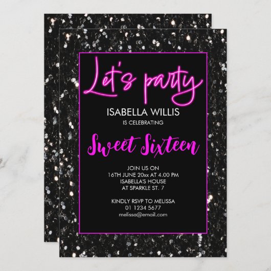 Zwarte sparkles Sweet 16 neonroze partij Kaart (Voorkant / Achterkant)