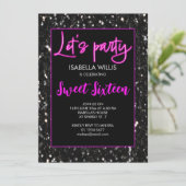 Zwarte sparkles Sweet 16 neonroze partij Kaart (Staand voorkant)