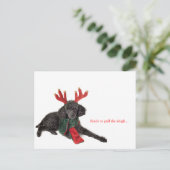 Zwarte speelgoed poedel met rendiergewei feestdagenkaart (Staand voorkant)