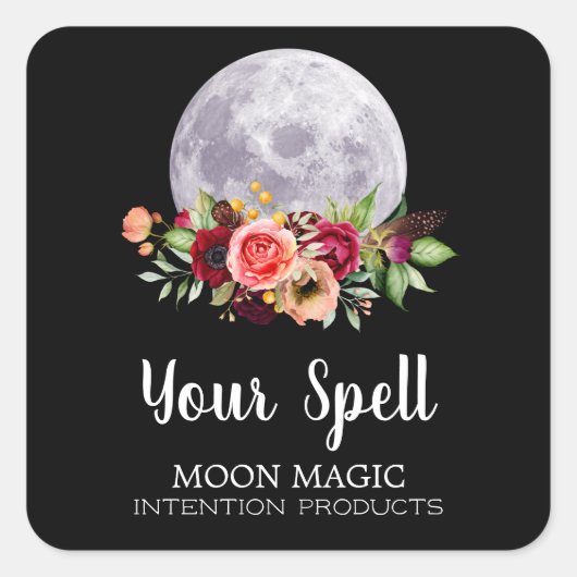 Zwarte Spell Jar Stickers met maan en bloemen (Voorkant)