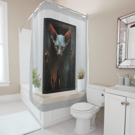 Zwarte Sphynx kat Douchegordijn (In situ)