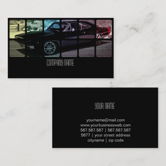 Zwarte spierwagen in verschillende kleuren visitekaartje (Voorkant / Achterkant)