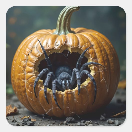 Zwarte spin kruipt uit een pompoen vierkante sticker (Voorkant)