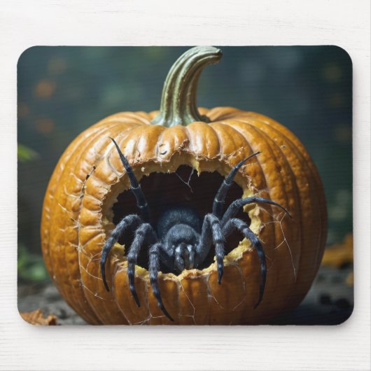 Zwarte spin kruipt uit pompoen muismat (Voorkant)