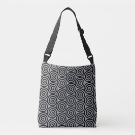 Zwarte spiraalvormige cirkels op snel zilver grijs crossbody tas
